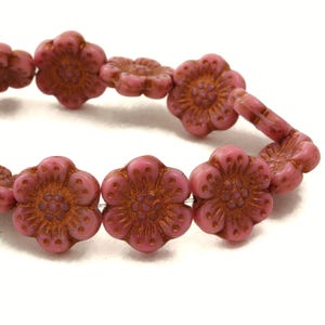 Czech Glass Wild Rose Flower Beads - Pink Opaque with Copper Wash - 14mm - 6 or 12 Beads