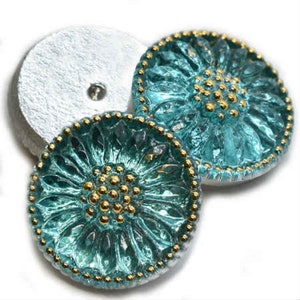 CABOCHON tournesol 18 mm en verre tchèque - Cabochon marguerite - Vert d'eau transparent avec accents dorés - Bouton SANS tige