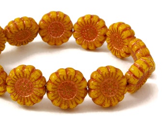 Czech Glass Sunflower Beads - Light Orange Opaque with Copper Wash (New Batch) - 13mm - 6 or 12 Beads