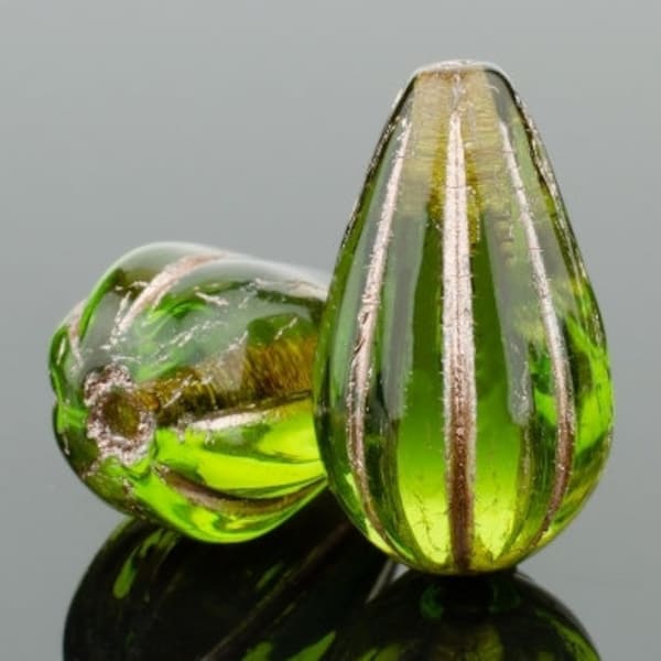 Czech Glass Tear Drop Dangle Melon Beads - Olivine Green Transparent with Platinum Wash - 13x8mm - 10 Beads