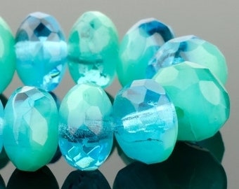 Perles rondelles en verre tchèque - Mélange transparent bleu aqua et turquoise opaque - 7x5mm - 25 perles