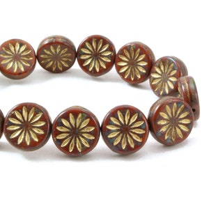Czech Glass Aster Flower Coin Beads - Mustard Orange Opaque with Picasso Finish and Gold Wash - 12mm - 15 Beads