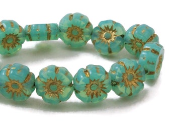 Czech Glass  Hibiscus Flower Beads - Hawaiian Flower Beads -  Aqua Blue Vaseline Opaline with Gold Wash - 7mm - 12 beads