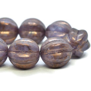 Czech Glass Melon Beads - Ridged Surface Beads - Violet with Gold Luster - 12mm - 15 Beads