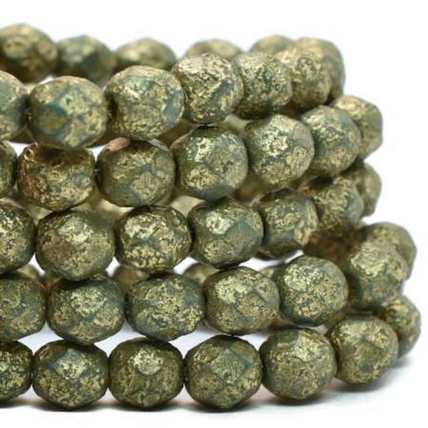 Czech Glass Faceted Round Fire Polished Beads - Opaque Sea Green with An Etched Finish and Gold Wash - 6mm - 25 Beads