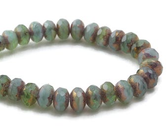 Czech Glass Beads - Czech Glass Rondelles -  Sage and Green Mix Opaque with Bronze Finish - 5x3mm - 30 Beads