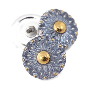 Czech Glass 18mm Round Collarette Flower Button - Slate Blue with Gold