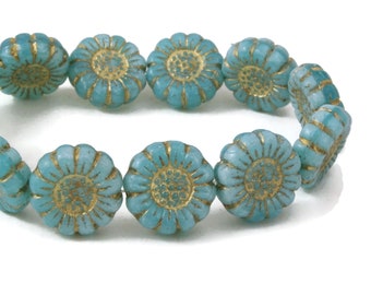 Czech Glass Sunflower Beads - Denim Blue Silk with Gold Wash - 13mm - 6 or 12 Beads