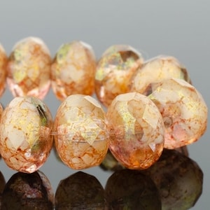 Czech Glass Rondelle Beads - Ivory Opaque and Crystal Transparent Mix with Marbled Golden Pink Luster - 9x6mm - 25 Beads