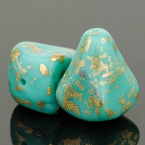 Czech Glass Beads, Old Style Drop Beads, Turquoise Opaque with Antiqued Gold Finish, 12x10mm, 12 Beads