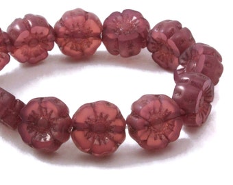 Czech Glass  Hibiscus Flower Beads - Hawaiian Flower Beads - Pink Opaline with Bronze Finish - 7mm - 12 beads