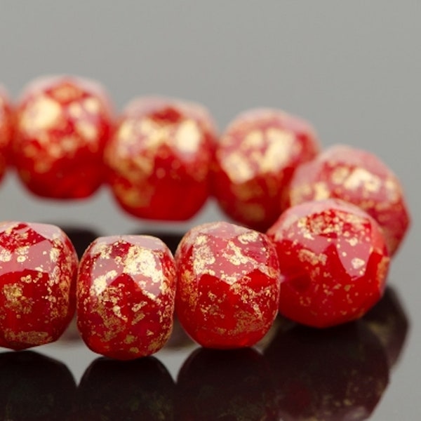 Czech Glass Rondelle Beads - Red Opaline with Antique Gold Finish (Version 2) - 5x3mm - 30 Beads