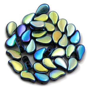 Matubo Tschechische Glas Zwei-Loch Paisley Duo FlatDuo Perlen - Jet Full AB - 8 x 5 mm - 35 Perlen