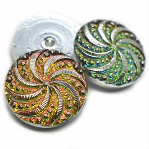 Czech Glass 18mm Pinwheel CABOCHON - Transparent Glass with Vitrail and Silver Accents - Button WITHOUT Shank