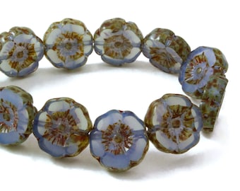 Czech Glass Hibiscus Flower Beads - Sapphire Blue Opaline with Picasso Finish - 12mm - 6 or 12 Beads