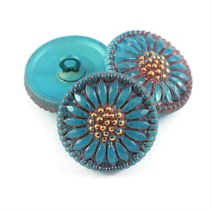 Czech Glass 18mm Round Sunflower Button - Aqua Blue with Coral Pink Wash and Gold Paint