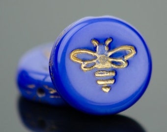 Czech Glass Pressed Coin Beads with Bee - Honeybee Beads - Royal Blue Silk with Gold Wash - 12mm -  6 or 12 Beads