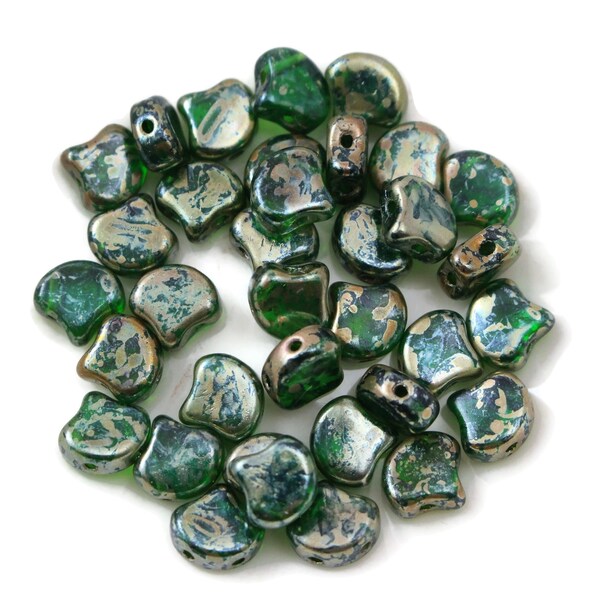 Czech Glass Matubo Ginkgo Ginko (Ginkgo) Two Hole Beads - Chrysolite Green w/ Rembrandt Finish - 7.5 x 7.5mm - 2.5" Tube (approx. 35 beads)