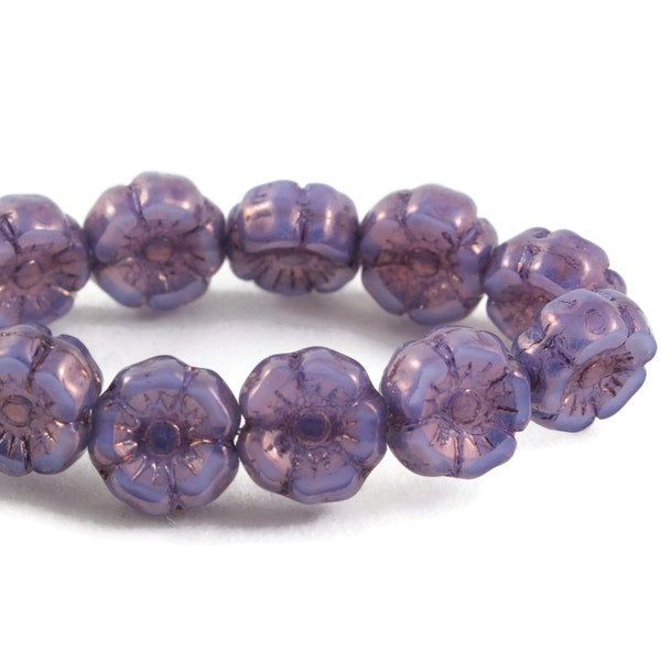 Czech Glass Hibiscus Flower Beads - Lilac Silk with Purple Bronze Finish - 7mm - 12 beads