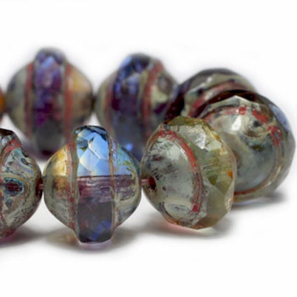 Czech Glass Saturn Beads - Saucer Beads - Transparent Sapphire, Purple and Yellow Mix with Picasso Finish - 8x10mm Beads - 10 Beads