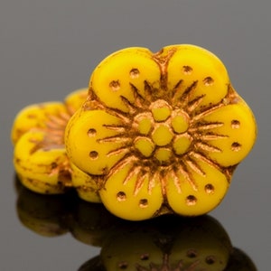 Czech Glass Wild Rose Flower Beads - Yolk Yellow Opaque with Copper Wash - 14mm - 6 or 12 Beads