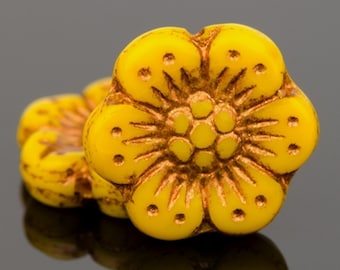 Czech Glass Wild Rose Flower Beads - Yolk Yellow Opaque with Copper Wash - 14mm - 6 or 12 Beads