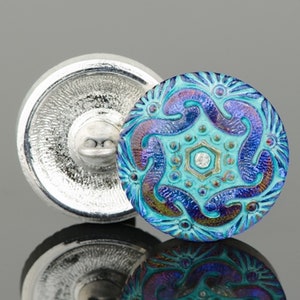 Czech Glass 18mm Round Spiral Button -  Blue Iridescent with Turquoise Wash
