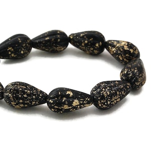 Czech Glass Tear Drop Dangle Melon Beads - Jet Black Opaque Matte with Antique Gold Finish - 13x8mm - 10 Beads