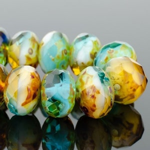 Czech Glass Rondelle Beads - Aqua Blue Transparent, Amber Transparent, and Ivory Opaque Mix with Picasso Finish - 9x6mm - 25 Beads