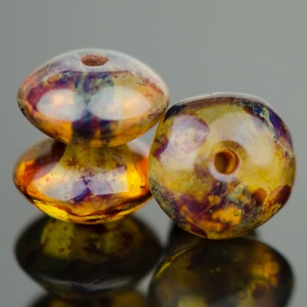 Czech Glass Disc Spacer Beads - Amber Brown Transparent with Picasso Finish - 7x4mm - 25 Beads