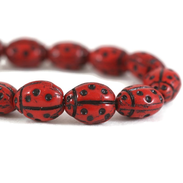 Czech Glass Ladybug Beads - Red Opaque with Black Wash - 10x7mm -  12 Beads