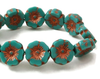 Czech Glass Hibiscus Flower Beads -  Green Turquoise Opaque with Copper Wash - 12mm - 6 or 12 Beads