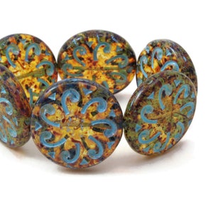 Czech Glass Sun Wheel Beads -  Amber Transparent with Picasso Finish and Aqua Wash - 23mm - Choice of 2 or 6 Beads
