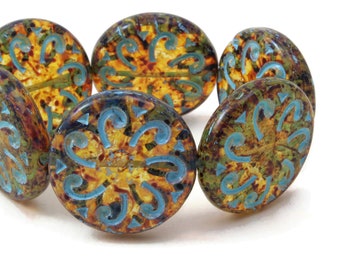 Czech Glass Sun Beads -  Amber Transparent with Picasso Finish and Aqua Wash - 18mm - Choice of 1, 2 or 6 Beads