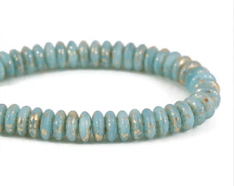 Czech Glass Disc Spacer Beads - Light Blue Silk Matte with Antique Gold Finish - 6mm - 50 Beads