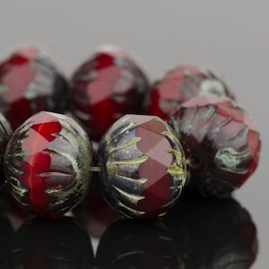 Czech Glass Center Faceted Round Cruller Beads - Fire Polished Bead - Red Opaline with Picasso Finish - 11x10mm - 6 or 12 Beads