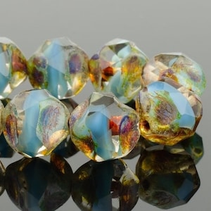 Czech Glass Baroque Central Cut Beads  - Crystal Transparent and Blue Silk Mix with Picasso Finish - 9mm - 15 beads