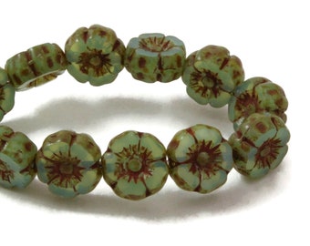 Czech Glass  Hibiscus Flower Beads - Hawaiian Flower Beads - Aqua Blue Opaline with Picasso Finish - 7mm - 12 beads