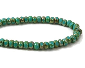 Czech Glass 6/0 (4x3mm) Three Cut Trica Faceted Seed Beads - Turquoise Opaque with Lustered Picasso Finish - 50 Beads