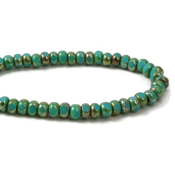 Czech Glass 6/0 (4x3mm) Three Cut Trica Faceted Seed Beads - Turquoise Opaque with Lustered Picasso Finish - 50 Beads
