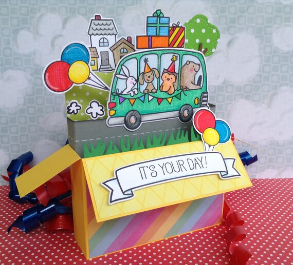 Pop Up Birthday Card Birthday Bus Party Animals Birthday Etsy