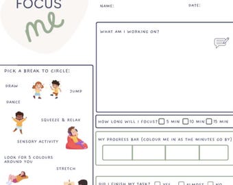 ADHS Fokus & Pause Aufgabenblatt | Druckbarer Fokus-Planer für Kinder | Visueller Stundenplan für ADHD, Autismus und Exekutivfunktionsfähigkeiten
