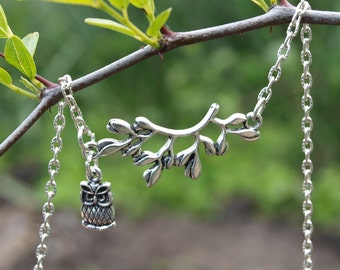 Silver Owl On The Branch Necklace, Forest Necklace, Bird Charm Necklace
