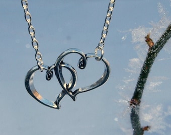 Silver Heart Pendant, Two Hearts Necklace, Double Heart Jewelry, Love Necklace