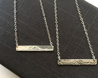 Sterling silver Mt. Hood bar pendant with trees and wave on reverse side