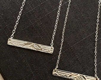 Sterling Silver Mt. Hood with Sunrise Bar pendant with trees and moon on reverse side