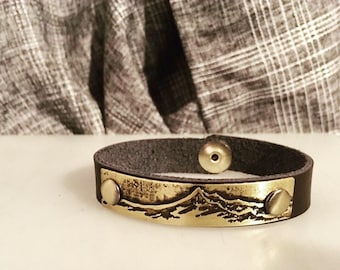 Mountain bracelet-Leather and Etched Brass Landscapes-Mt.Hood, Mt. Bachelor, Oregon
