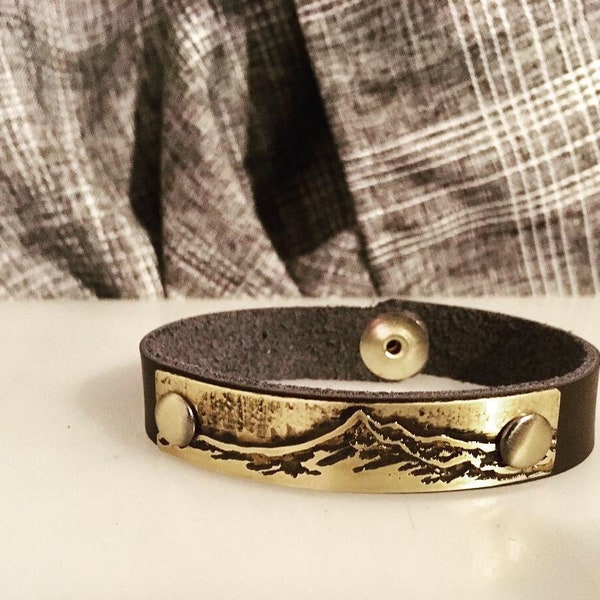 Mountain bracelet-Leather and Etched Brass Landscapes-Mt.Hood, Mt. Bachelor, Oregon