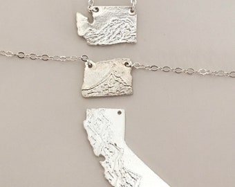 West Coast State Pendants in Sterling Silver: Washington, Oregon, California