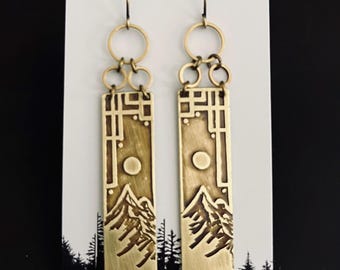 Pendientes largos rectangulares (de doble cara con paisajes del noroeste del Pacífico)